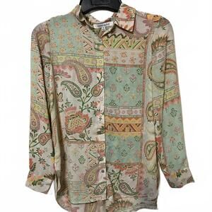 Rose + Olive Patchwork Floral Paisley Cottagecore Button-Up Lightweight Shirt XS